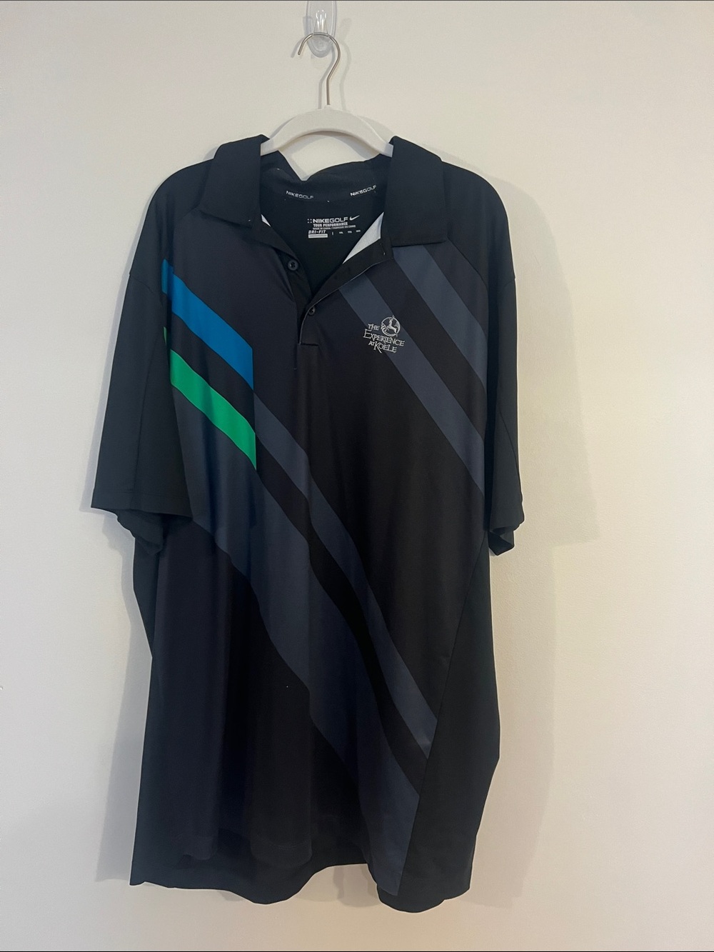 Men's Black Polo with Blue & Green Diagonal Stripes